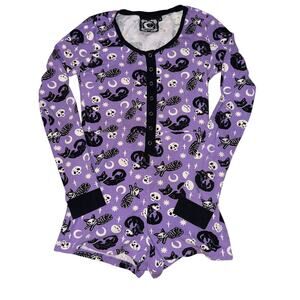 Killstar Purr Off Playsuit Romper Pajamas Women's Sm Cat Kitty Purple Goth Skull